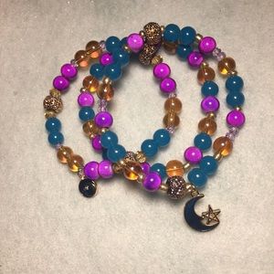 Beaded glass bracelet Set. Purple, Gold, and Teal.
